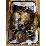 A box containing a quantity of assorted metalware including silver plated tea set, etc.