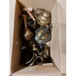 A box containing a quantity of assorted metalware including copper kettle, Ronson silver plated