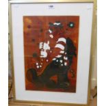 Aurora: a brushed metal framed tube-lined acrylic painting, depicting a clown playing a bubbling