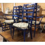 A set of six Ercol dark royal blue painted wood high ladder back elbow chair with moulded seats, set