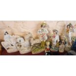 Seven 19th Century Staffordshire pottery figurines including Sheep Shearer, Britains Glory, etc. -