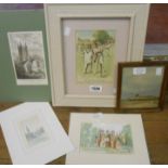 A framed coloured cricketing print and small †W. Russell Flint print - sold with two unframed