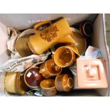 A box containing a quantity of ceramic items including Midwinter and Denby casseroles, vintage