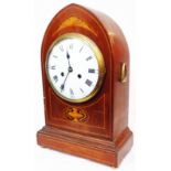 An Edwardian inlaid mahogany cased mitre shaped mantel clock with Philip Hass & Sohne eight day gong