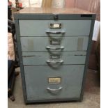 A vintage Bisley metal four drawer filing cabinet with grey painted finish