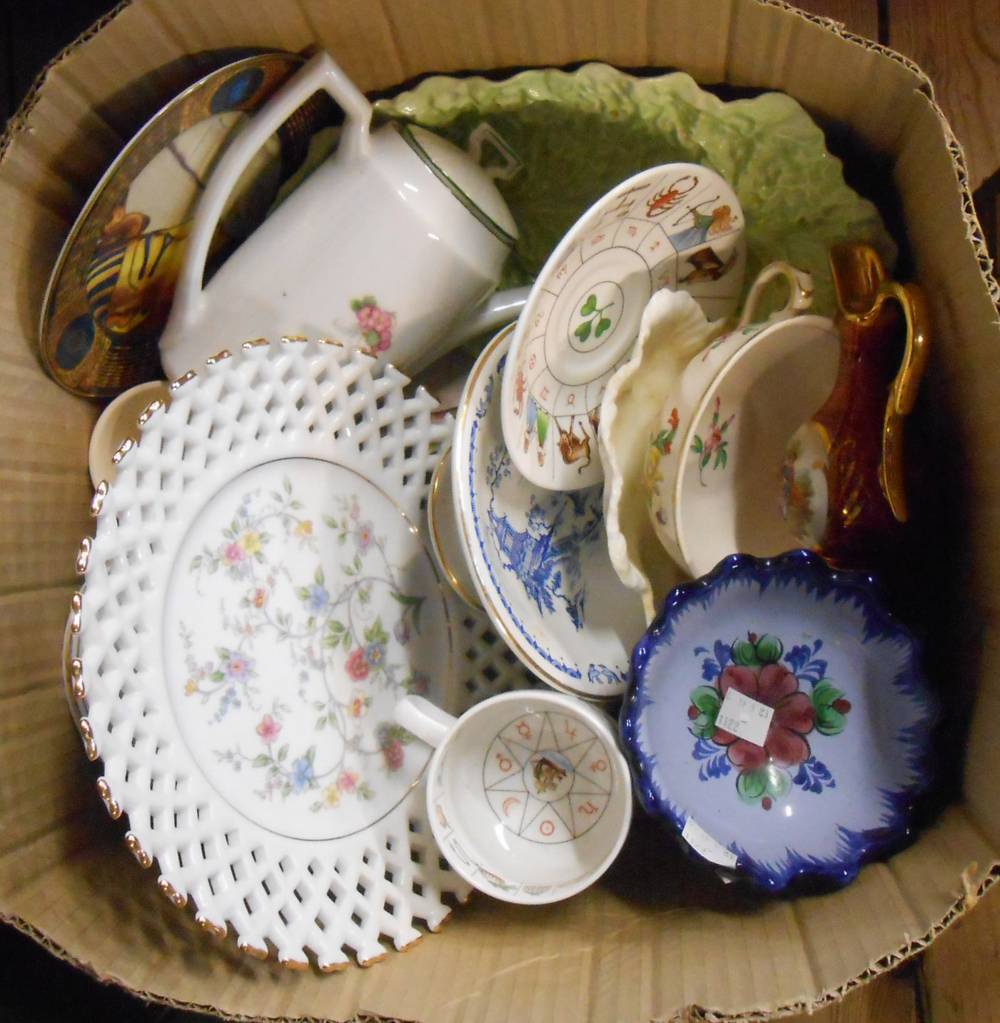 A box containing a quantity of assorted ceramic items including Royal Kendal Fortune Teller cup, St.