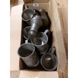 A box containing a quantity of assorted pewter items including Chinese dragon decorated tankards,