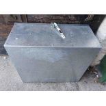 A galvanised metal lift-top box with partitioned interior