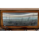 A vintage etched pewter wall plaque depicting a busy 19th Century harbour scene, set in contemporary