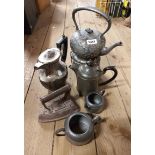 A small selection of assorted metalware including a Craftsman pewter tea set comprising teapot, milk
