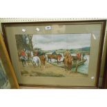 An old framed coloured print, depicting huntsmen boarding a river ferry boat - sold with †John