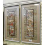 A pair of framed early 20th Century Chinese embroidered panels with repeat images of a figures