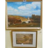 †M. Williams: a vintage framed oil on board, depicting a coastal building - signed - sold with a