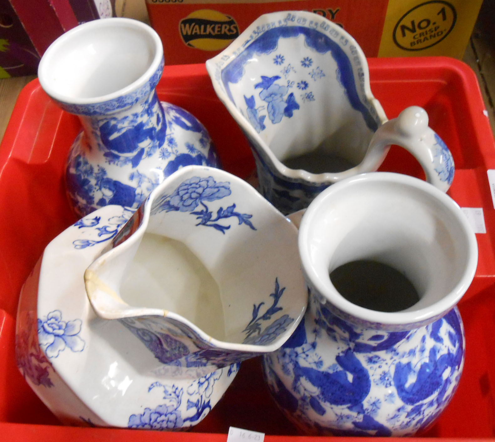 A crate containing a quantity of blue and white decorated china including pair of 20th Century