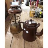 An old Tilly lamp - sold with a large brown enamel teapot