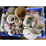 A crate containing a quantity of assorted ceramic and glass items including pair of Poole Pottery
