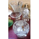 A quantity of assorted cut and other glassware including vases, decanter, etc.