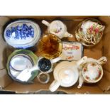 A box containing a quantity of assorted ceramic and glass items including Homemaker teapot,