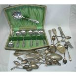 A small quantity of silver plated and other cutlery including cased set of dessert spoons