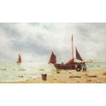 W. Martin: a framed oil on board, depicting figures unloading a beached sailing fishing boat -