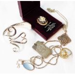 A bag containing silver and white metal jewellery including 1977 ingot pendant, boxed floral cameo