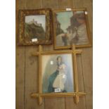 A gilt cross framed watercolour study of a seated lady - sold with a small oil on panel view of a