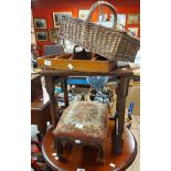 An oak tea table, cutlery basket and wooden cutlery tray - sold with a reproduction upholstered foot