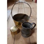 A brass preserve pan with iron handle - sold with a small brass box and an antique pewter baluster