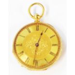 A marked K18 ornate yellow metal cased lady's fob watch with gilt dial, blank cartouche and back