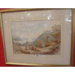 A gilt framed watercolour, depicting an inlet with figures on a hillside track