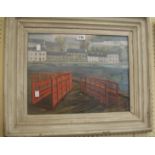 A painted framed acrylic painting, depicting waterside buildings - further image to the reverse