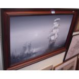 Vaseo: a framed oil on canvas, depicting a moonlit scene with two sailing vessels - signed - 44cm