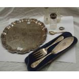 A silver plated tray and cased pair of ornate fish servers - sold with an Edinburgh silver