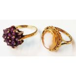 A 375 (9ct.) gold amethyst cluster ring - sold with a 9ct. gold cameo panel ring - sizes P and K 1/2