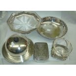 A crate containing a quantity of silver plated items including pedestal bowl, muffin dish, etc.