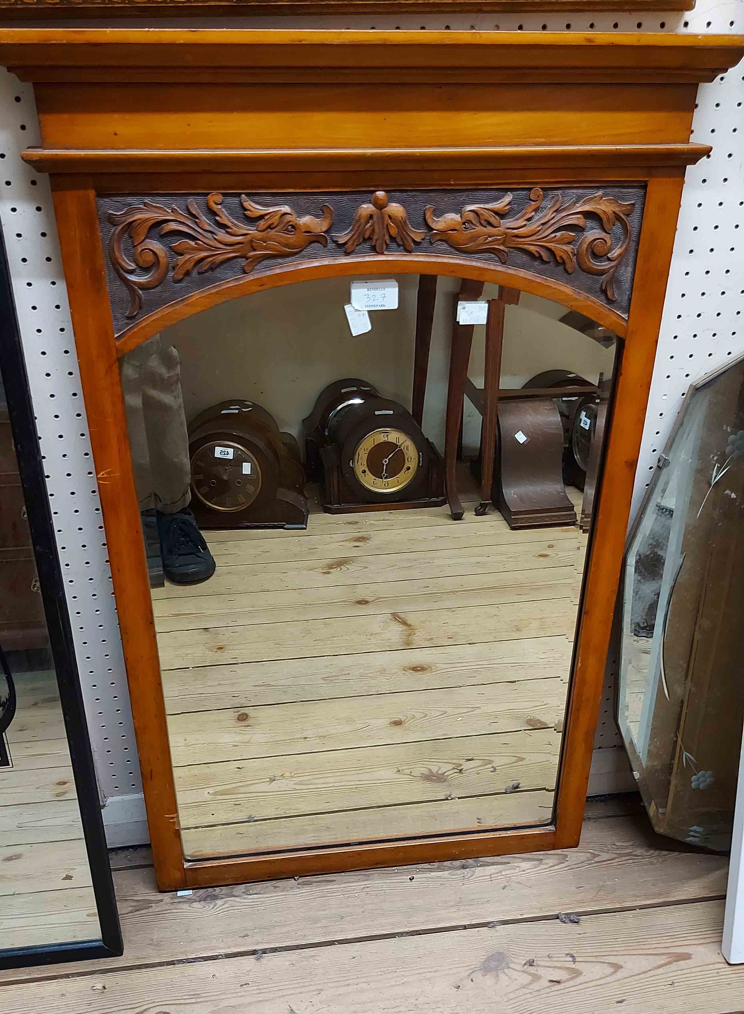 Three assorted wall mirrors comprising an Edwardian inlaid framed bevelled oval, a vintage frameless - Image 3 of 3