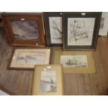 Three framed watercolours, an oil and two etchings all of maritime interest - various artists