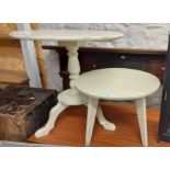 A 75cm modern white painted pedestal table - sold with a white painted tea table