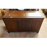 A 91cm vintage stained mixed wood lift-top linen chest with panelled front