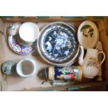 A box containing a quantity of assorted ceramic items including Honiton pottery vase, etc.