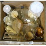 An old wooden drawer containing a quantity of assorted ceramic and glass items including Dartmouth