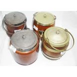 Four old oak biscuit barrels with plated lids, mounts and binding - one lid missing
