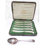 A cased set of six Mappin & Webb silver handled butter knives - sold with a silver spoon