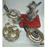 A box containing a small quantity of silver plated items including teaware, a four place egg cruet
