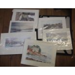 A folio containing a collection of unframed coloured and monochrome prints, also two