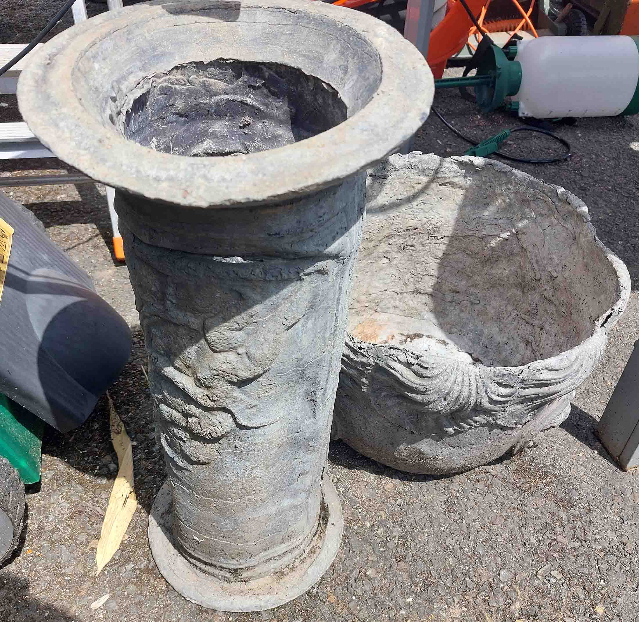A 41cm diameter old lead garden planter - sold with an associated lead pedestal base - various