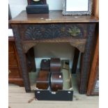 A 70cm antique carved oak side table with frieze drawer, set on square legs - one handle missing,