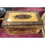 An antique Tunbridge ware box (for restoration) - sold with a larger workbox and a pair of wooden