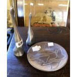 Two vintage aluminium abstract sculptures depicting standing geese - sold with an oval dish