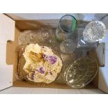 A box containing a quantity of assorted glass and ceramic items including decanter, jelly mould,